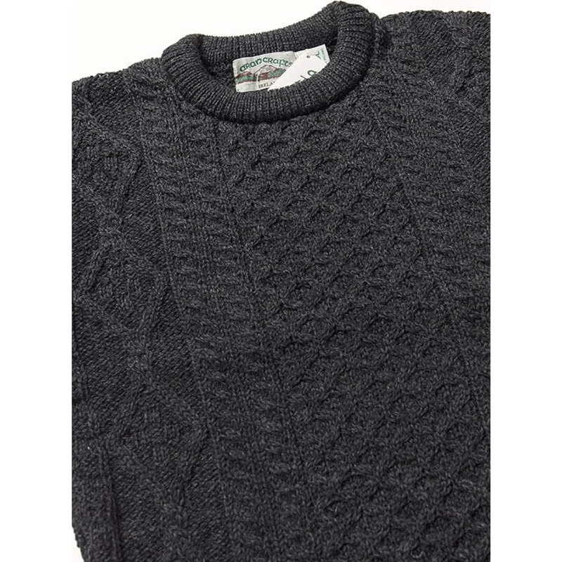 Men's Aran Cable Knit Crew Neck Wool Sweater Charcoal